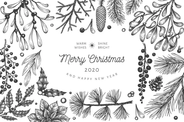 Plantilla de tarjeta de felicitación vectorial dibujada a mano Navidad. Estilo vintage — Vector de stock