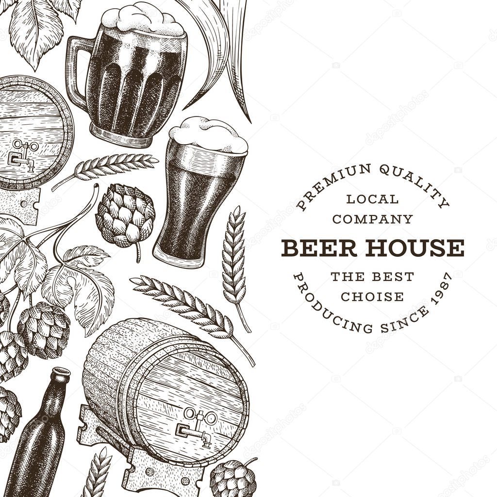 Beer and hop design template. Hand drawn vector brewery illustra