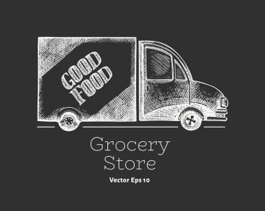 Market teslimat logosu şablonu. El çizimi vektör kamyonu