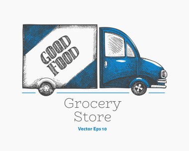 Market teslimat logosu şablonu. El çizimi vektör kamyonu