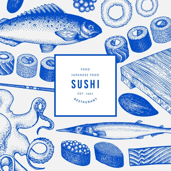 Wzór kuchni japońskiej. Sushi ręcznie rysowane wektor illust — Wektor stockowy