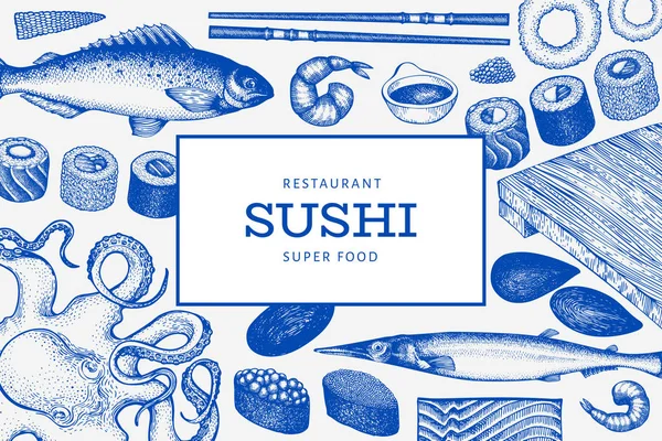 Modello di design della cucina giapponese. Sushi mano disegnato vettoriale illust — Vettoriale Stock