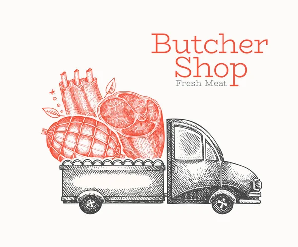 Butcher shop delivery logo template. Hand drawn vector truck wit — Stock Vector