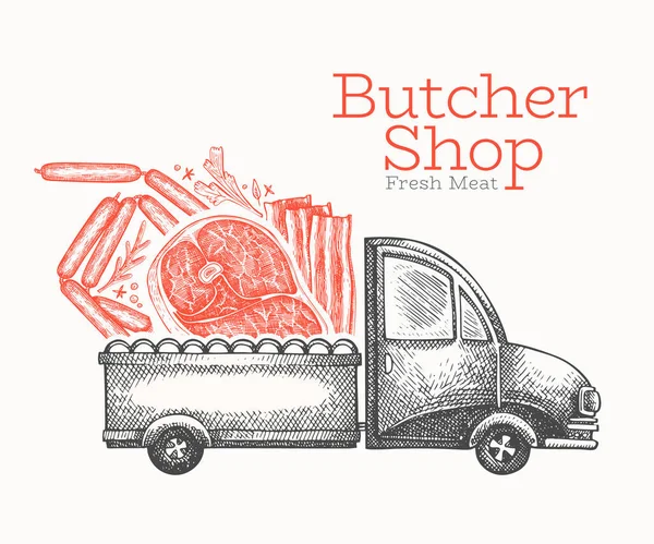 Butcher shop delivery logo template. Hand drawn vector truck wit — Stock Vector