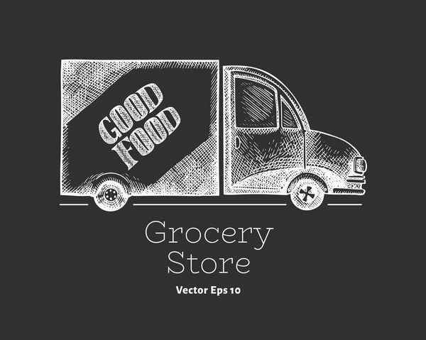 Market teslimat logosu şablonu. El çizimi vektör kamyonu