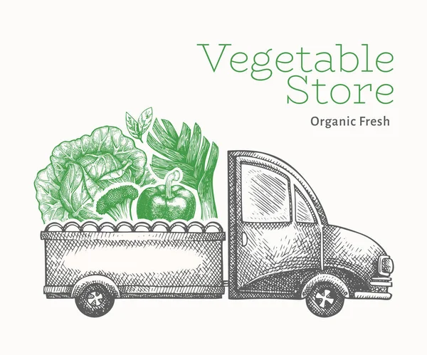 Verde verdura negozio consegna logo modello. vettore disegnato a mano — Vettoriale Stock