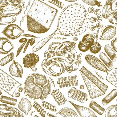 Italian pasta wits additions seamless pattern. Hand drawn vector clipart