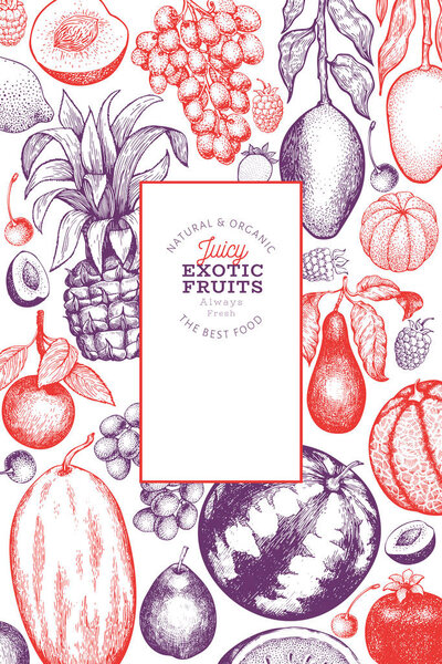 Шаблон оформления фруктов и ягод. Векторный тропный фрю

