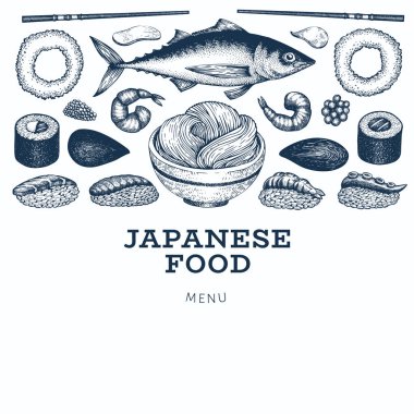 Japon mutfak afişi şablonu. Suşi el çizimi vektör hastalığı