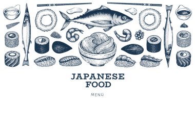 Japon mutfak afişi şablonu. Suşi el çizimi vektör hastalığı