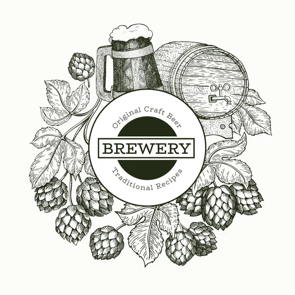 Bier en hop ontwerp template. Handgetekende vector brouwerij illustratie — Stockvector
