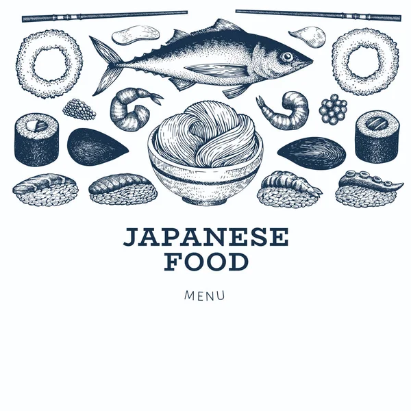Modelo de banner de cozinha japonesa. Sushi mão desenhado vetor illust —  Vetores de Stock