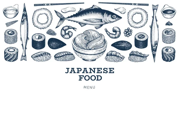 Plantilla de banner de cocina japonesa. Ilustración vectorial dibujada a mano sushi — Archivo Imágenes Vectoriales