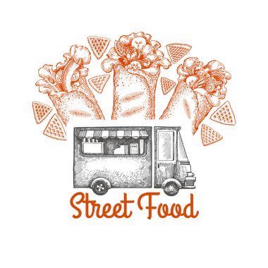 Sokak yemeği kamyoneti logosu şablonu. Hızlı el çizimi vektör kamyonu