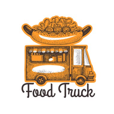 Sokak yemeği kamyoneti logosu şablonu. Hızlı el çizimi vektör kamyonu