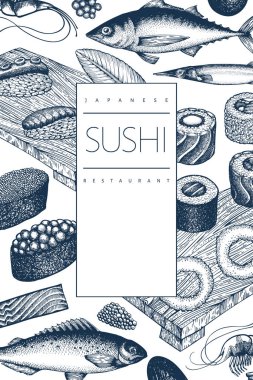 Japon mutfağı tasarım şablonu. Suşi el çizimi vektör hastalığı