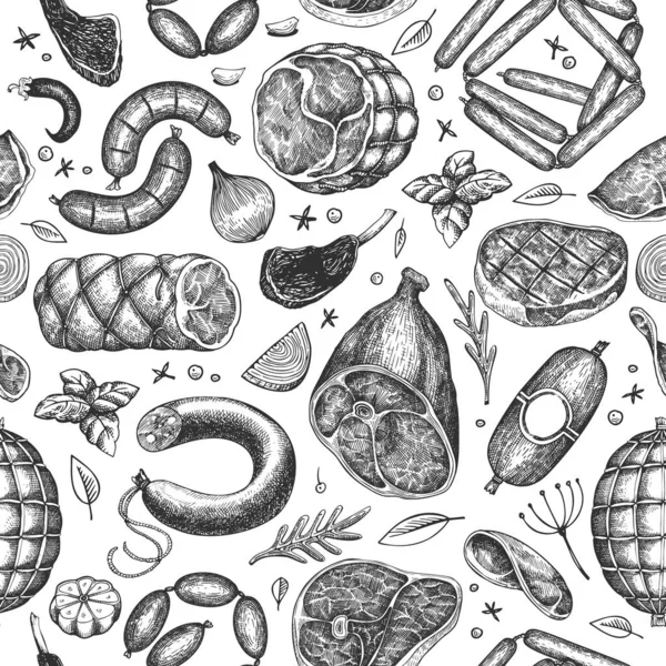 Vintage vector meat products seamless pattern. Hand drawn ham, s — Stock Vector