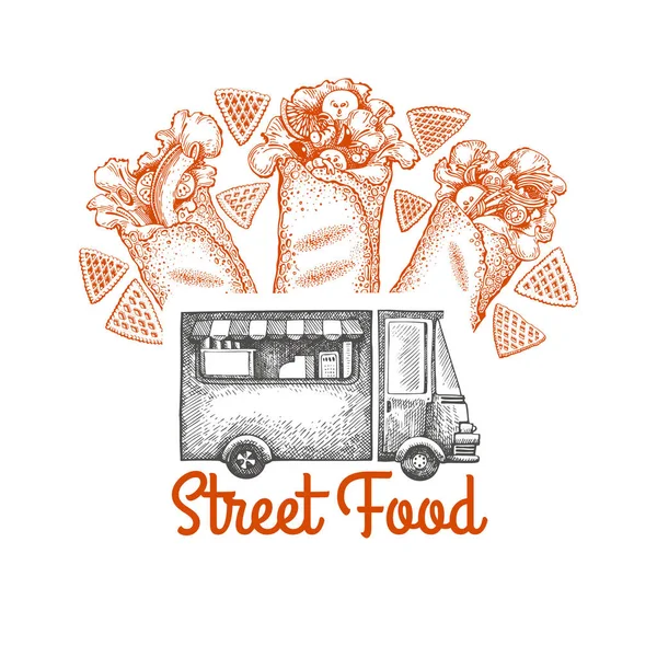 Modelo de logotipo de van de comida de rua. Caminhão vetor desenhado à mão com rápido — Vetor de Stock