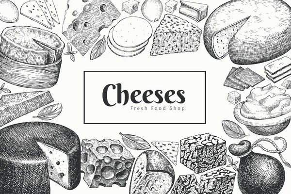 奶酪设计模板。 手绘病媒乳制品图解。 恩 — 图库矢量图片