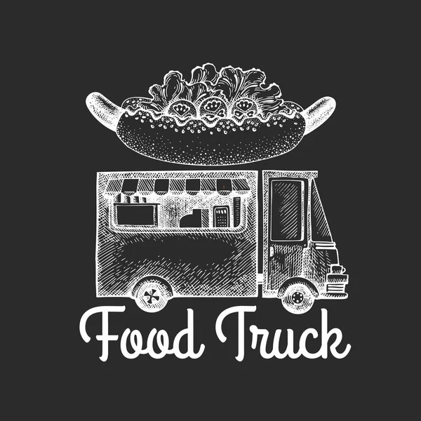 Modelo de logotipo de van de comida de rua. Caminhão vetor desenhado à mão com rápido — Vetor de Stock