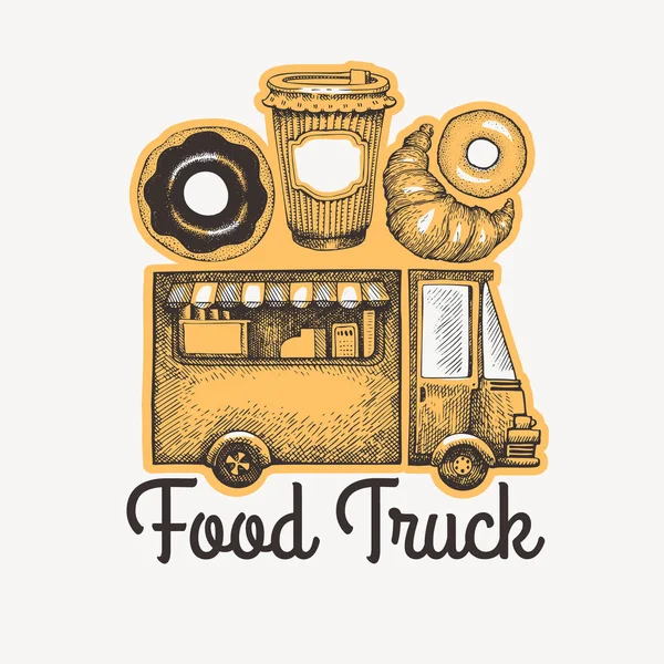 Street food café van logo modèle. Camion vecteur dessiné à la main wi — Image vectorielle