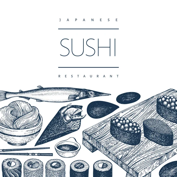 Modelo de design de cozinha japonesa. Sushi mão desenhada vetor ilust —  Vetores de Stock