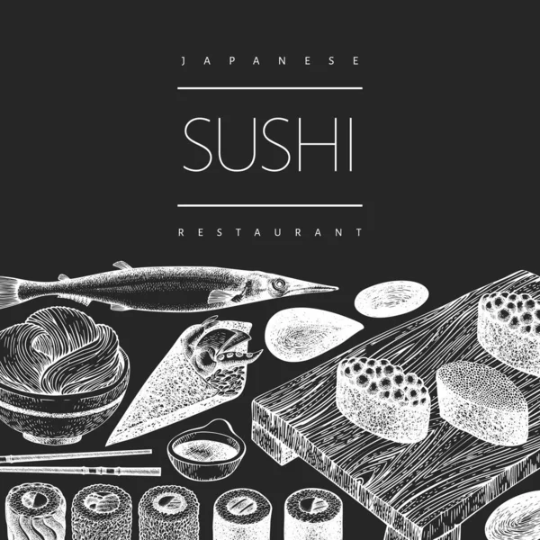 Modelo de design de cozinha japonesa. Sushi mão desenhada vetor ilust — Vetor de Stock