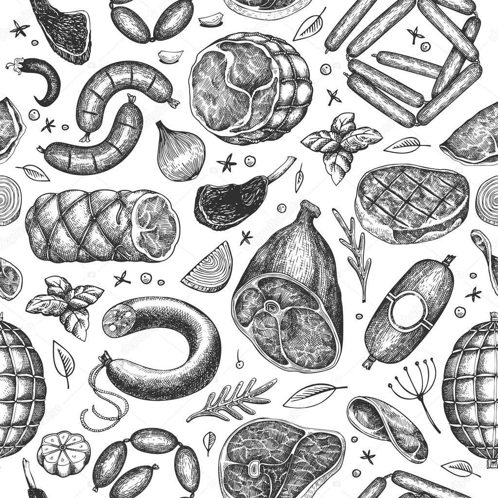 Vintage vector meat products seamless pattern. Hand drawn ham, s