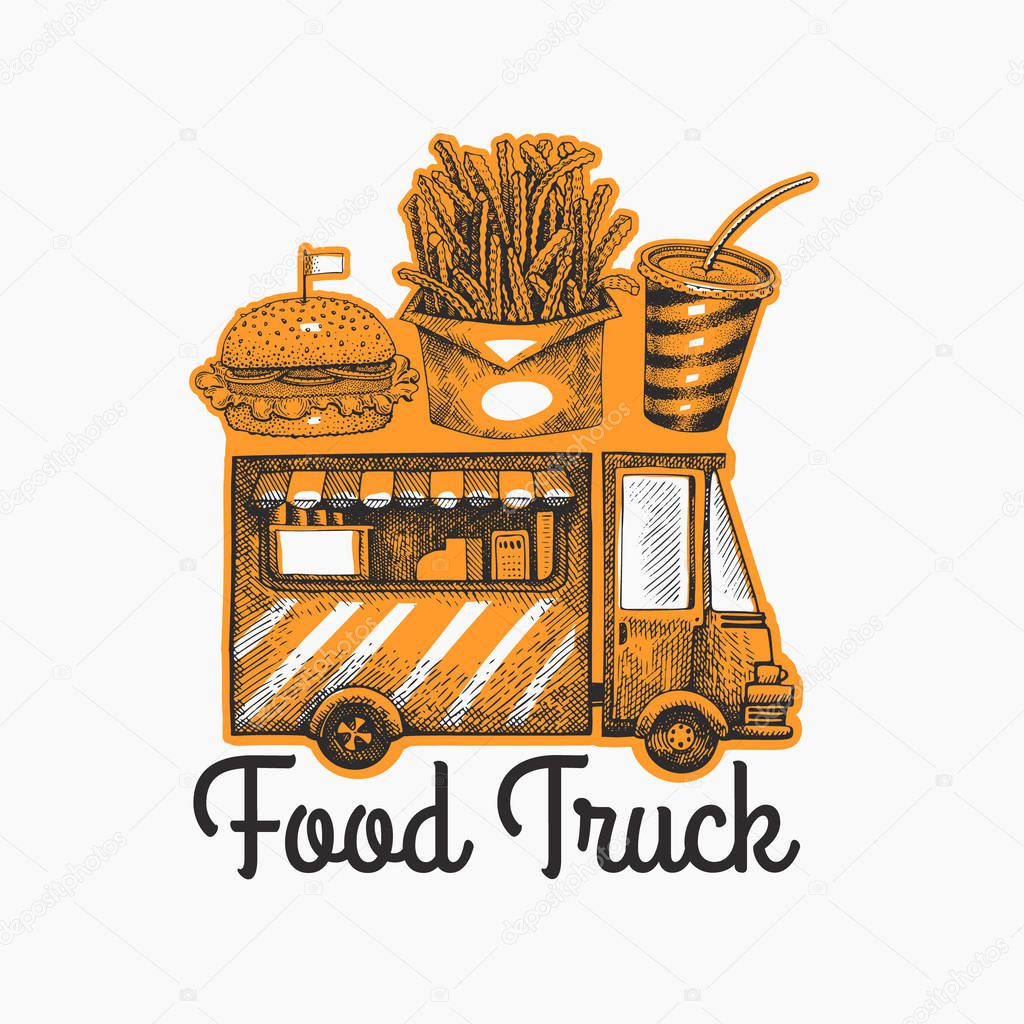 Street food van logo template. Hand drawn vector truck with fast food illustration. Engraved style vintage design.
