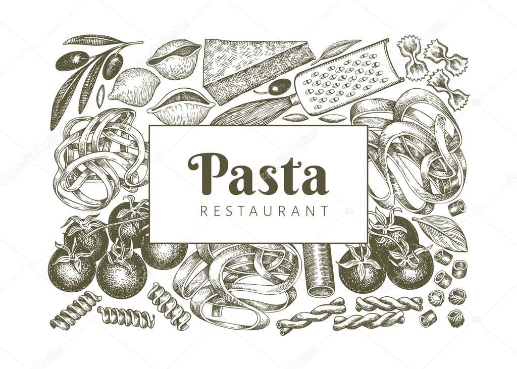 Italian pasta wits additions design template. Hand drawn vector 