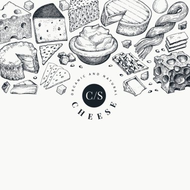 Peynir tasarım şablonu. El çizimi vektör sütçü çizimi. En