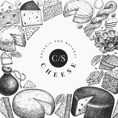 Peynir tasarım şablonu. El çizimi vektör sütçü çizimi. En