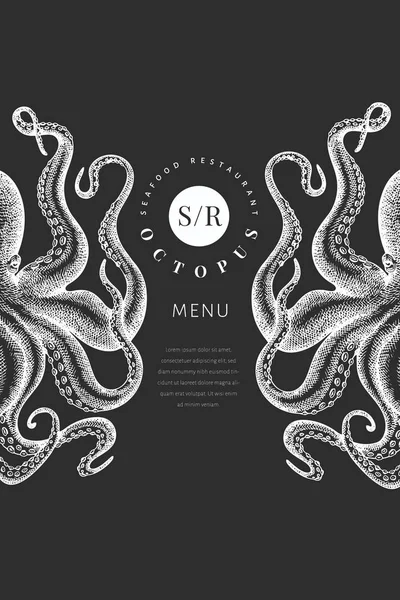 Octopus modelo de banner colorido. Vetor desenhado à mão frutos do mar illus —  Vetores de Stock