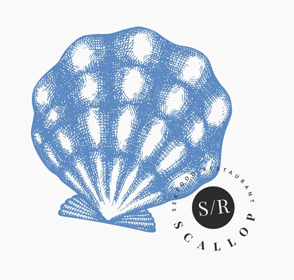 Scallop illustration. Hand drawn vector seafood illustration. En Stock Vector