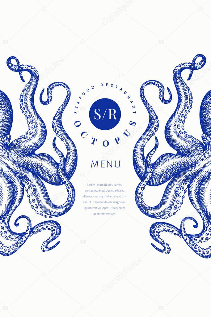 Octopus colored banner template. Hand drawn vector seafood illus