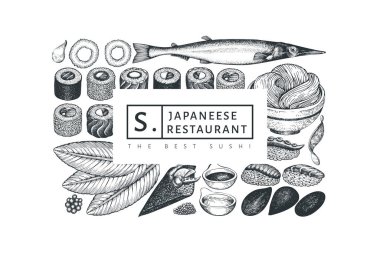 Japon mutfağı tasarım şablonu. Suşi el çizimi vektör hastalığı