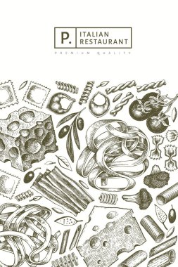 Eklemeli İtalyan makarnası tasarım şablonu. El çizimi vektör 