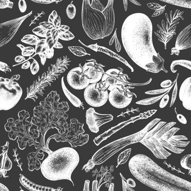 Sebzeler elle çizilmiş vektörsüz desen. Retro oymalı st