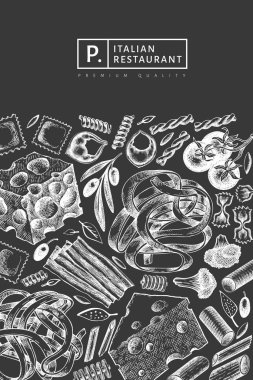 Eklemeli İtalyan makarnası tasarım şablonu. El çizimi vektör 
