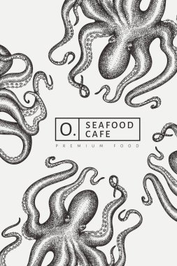 Ahtapot tasarım şablonu. El çizimi deniz ürünleri çizimi.