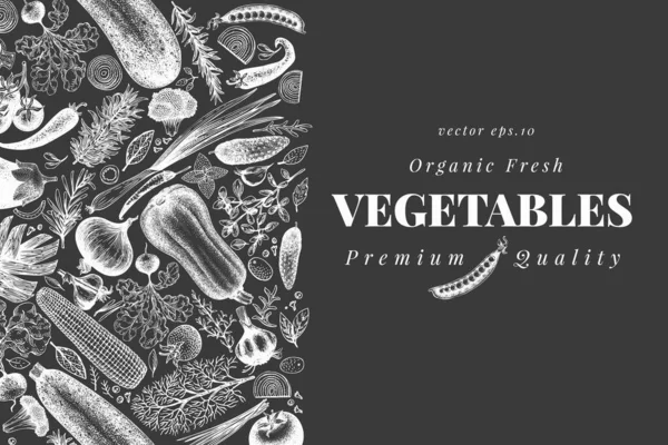 Vegetables dibujado a mano ilustración vectorial en el tablero de tiza. Retro — Vector de stock