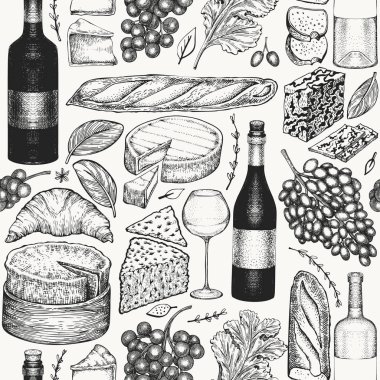 Fransız yemek çizimleri kusursuz. Elle çizilmiş vektör piknik yemeği çizimleri. Oymalı stil farklı aperatif ve şarap tasarımı. Retro gıda arka planı.