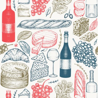 Fransız yemek çizimleri kusursuz. Elle çizilmiş vektör piknik yemeği çizimleri. Oymalı stil farklı aperatif ve şarap tasarımı. Retro gıda arka planı.