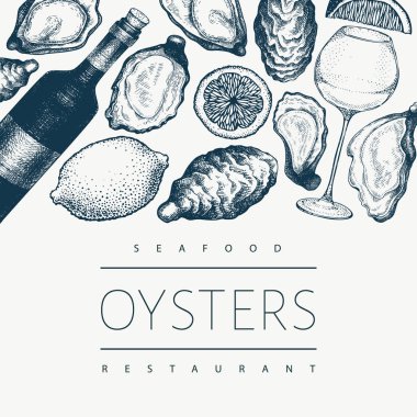 İstiridye ve şarap tasarım şablonu. El çizimi vektör çizimi. Deniz ürünleri afişi. Tasarım menüsü, ambalaj, tarifler, balık pazarı, deniz ürünleri ürünleri için kullanılabilir.