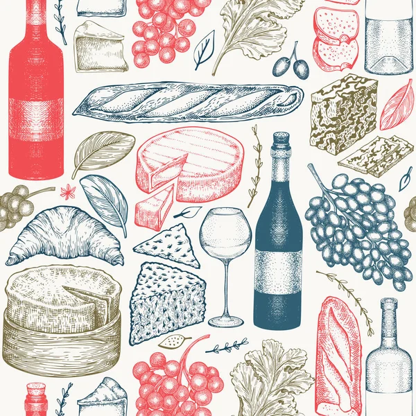Fransız yemek çizimleri kusursuz. Elle çizilmiş vektör piknik yemeği çizimleri. Oymalı stil farklı aperatif ve şarap tasarımı. Retro gıda arka planı.