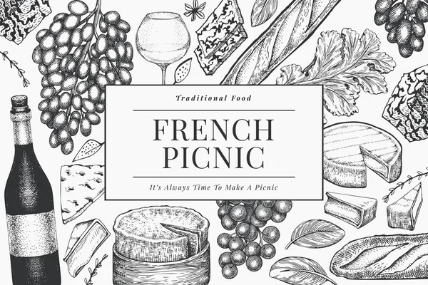 Plantilla Diseño Ilustración Comida Francesa Ilustraciones Comida Picnic Vectorial Dibujado — Archivo Imágenes Vectoriales