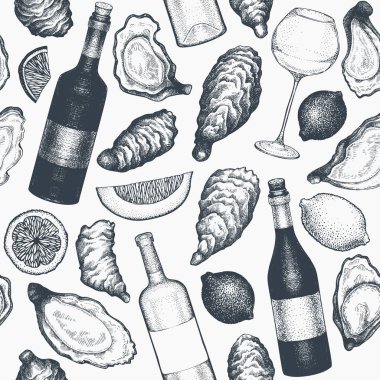 İstiridye ve şarabın dikişsiz deseni. El çizimi vektör çizimi. Deniz ürünleri geçmişi. Tasarım menüsü, ambalaj, tarifler, balık pazarı, deniz ürünleri ürünleri için kullanılabilir.