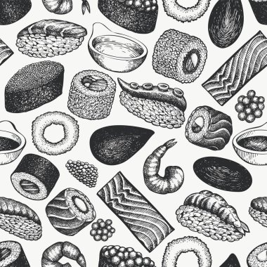 Suşi kusursuz desen. Japon mutfağı el çizimi vektör çizimleri. Geleneksel Asya gıda geçmişi.