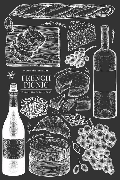 Set Illustrazioni Alimentari Francesi Illustrazioni Pasti Picnic Vettoriali Disegnati Mano — Vettoriale Stock