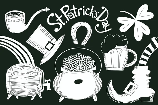 爱尔兰矢量图集 为圣帕克斯节手工绘制的小妖精帽 三叶草 啤酒瓶 金钱罐插图 — 图库矢量图片